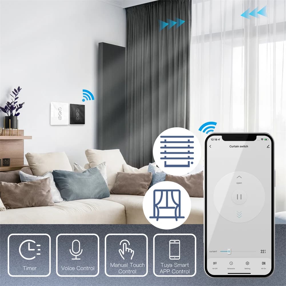 Interruptor de cortina inteligente Moes WiFi RF433 com vidro de arco 2,5D, controle de toque, compatível com Alexa e Google Assistant