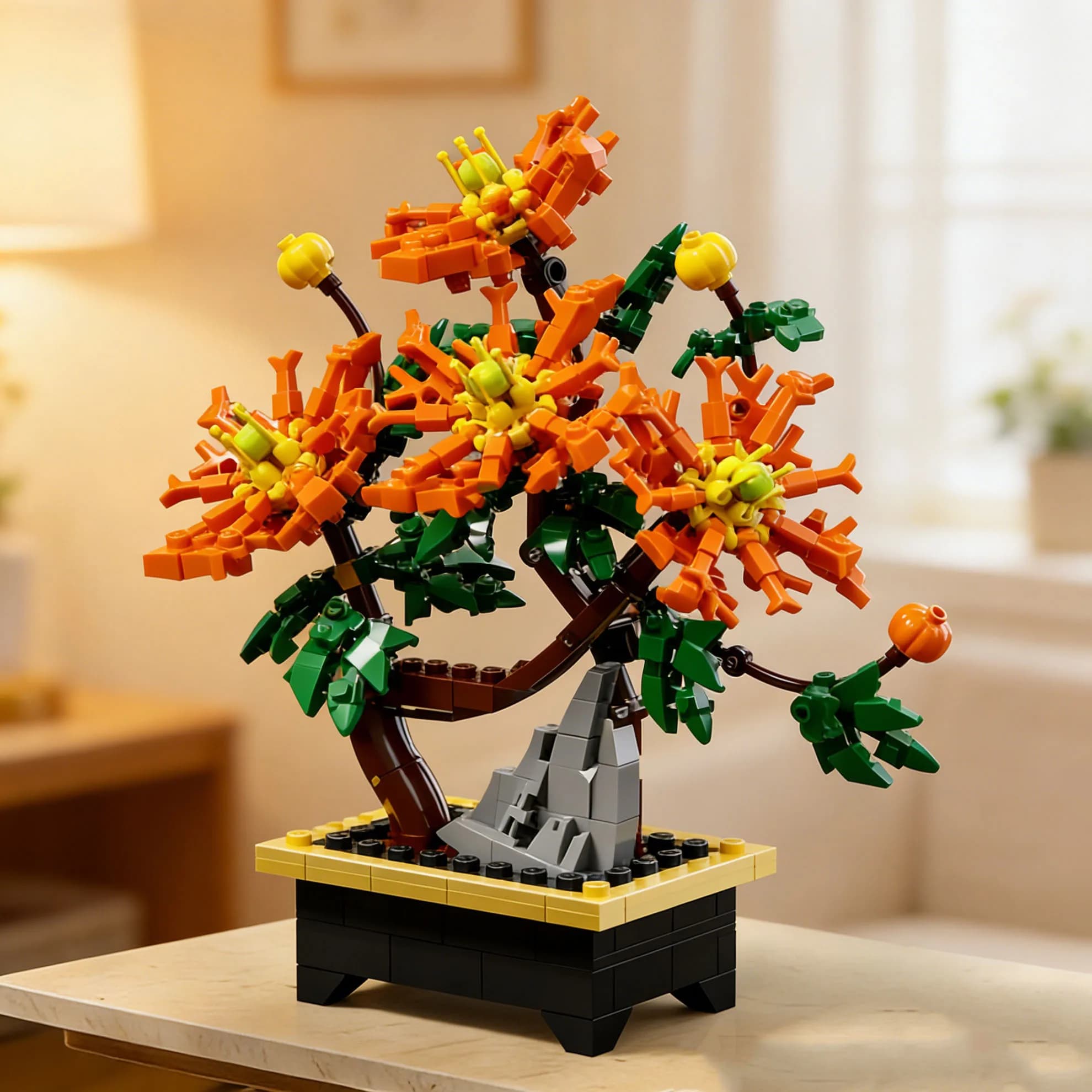Conjunto de Blocos de Montar Bonsai Crisântemo Garra de Dragão - Flores Artificiais em Laranja e Amarelo