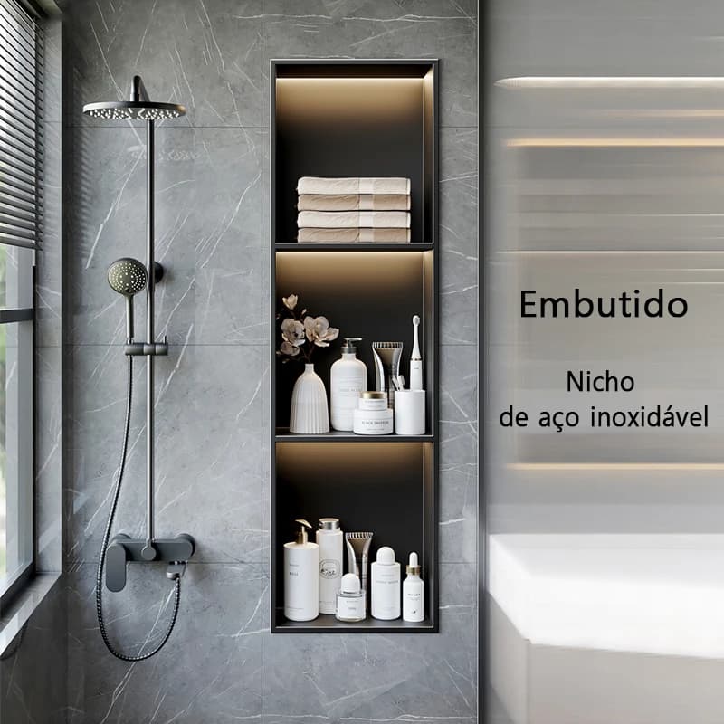 Armário de aço inoxidável para banheiro com prateleiras escondidas embutidas, cinza e preto