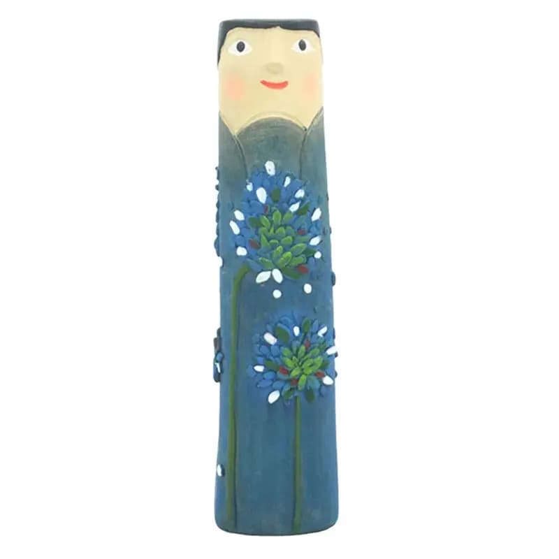 Vaso artesanal Bohemian Família Face azul escuro com flores pintadas em relevo e rosto estilizado