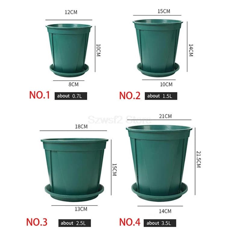 Quatro bandejas de vaso de flores de plantas de plástico verde com medidas e capacidades em litros.