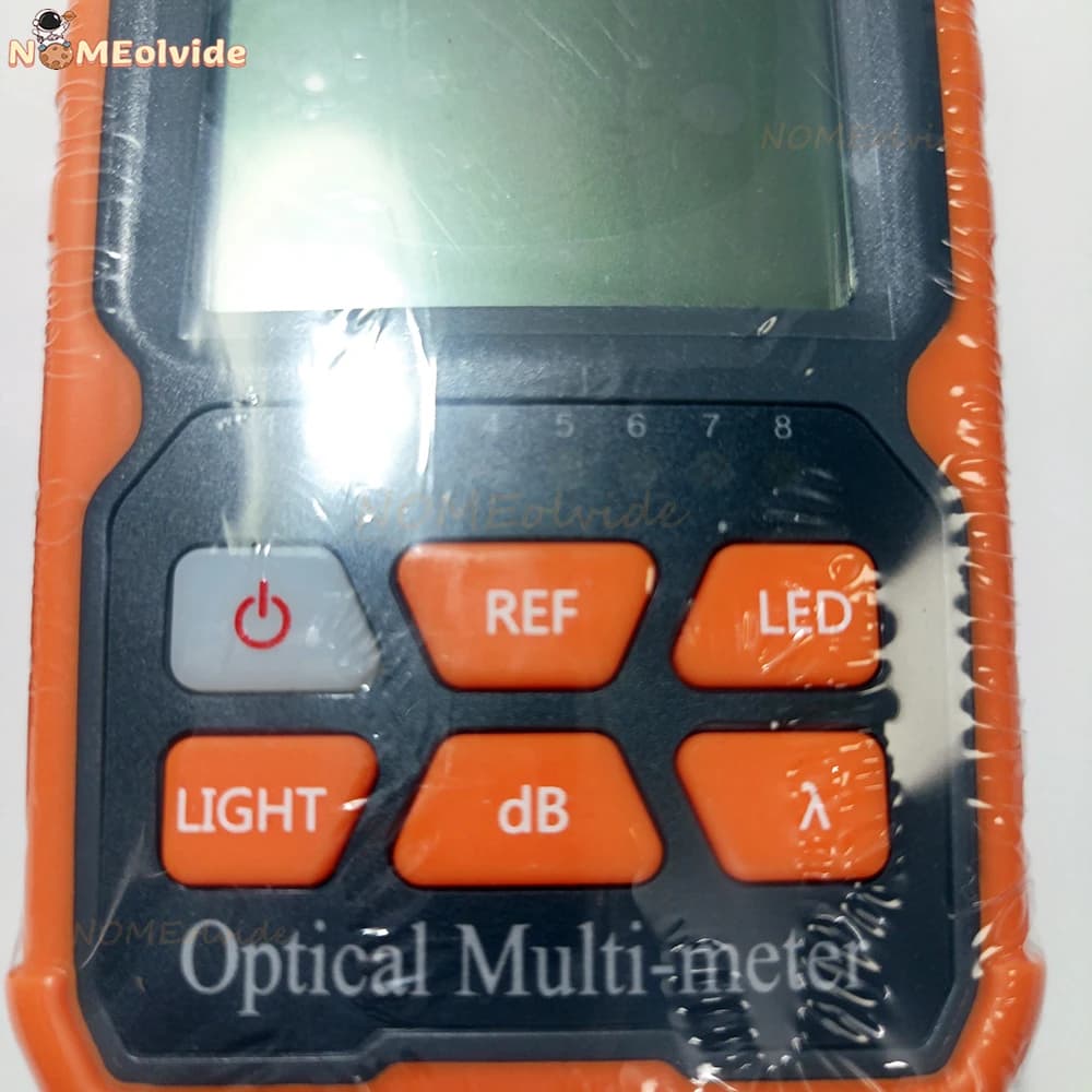 Medidor de potência óptica portátil laranja com botões funcionais e display digital