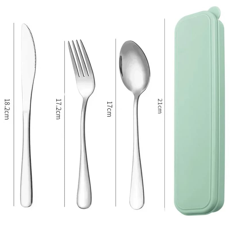 Conjunto de talheres portátil em aço inoxidável com faca, garfo, colher e estojo verde pastel
