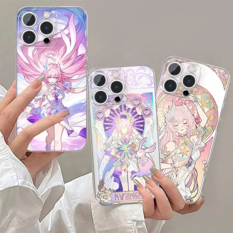 Capas de telefone transparentes com personagens de anime, fundo escuro, cores vibrantes, personagem rosa, azul e roxo, texto Cyrene.