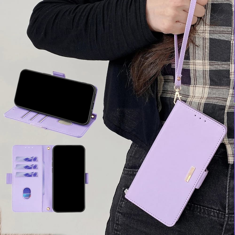 Capa carteira lilás para Xiaomi Poco com suporte para celular, porta cartões e alça de pulso destacável