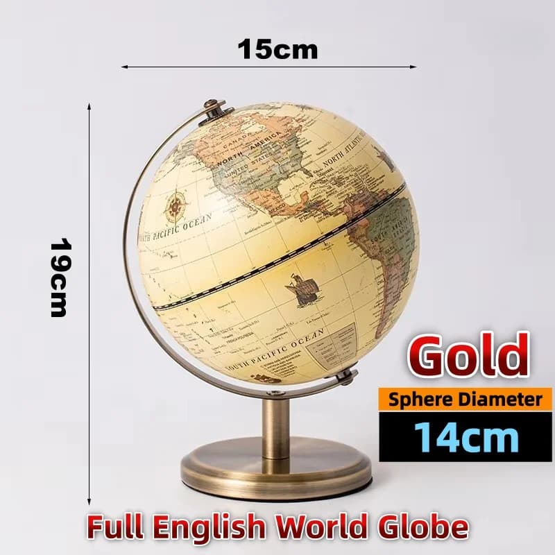 Globo terrestre decorativo luxo dourado com diâmetro 14cm e suporte metálico