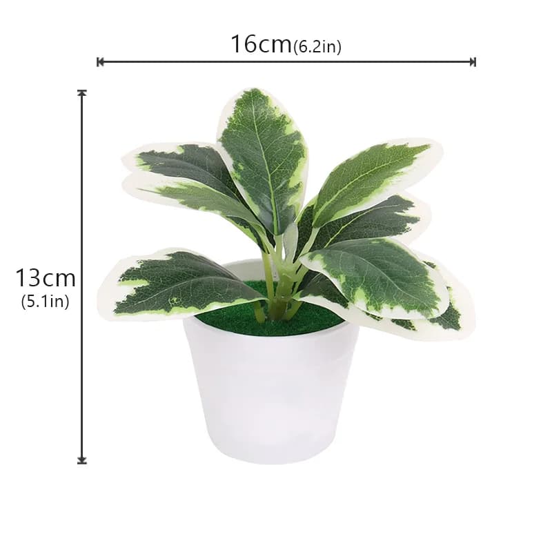 Planta artificial mini linha bonsai com folhas verdes variegadas em vaso plástico branco com medidas 16cm por 13cm