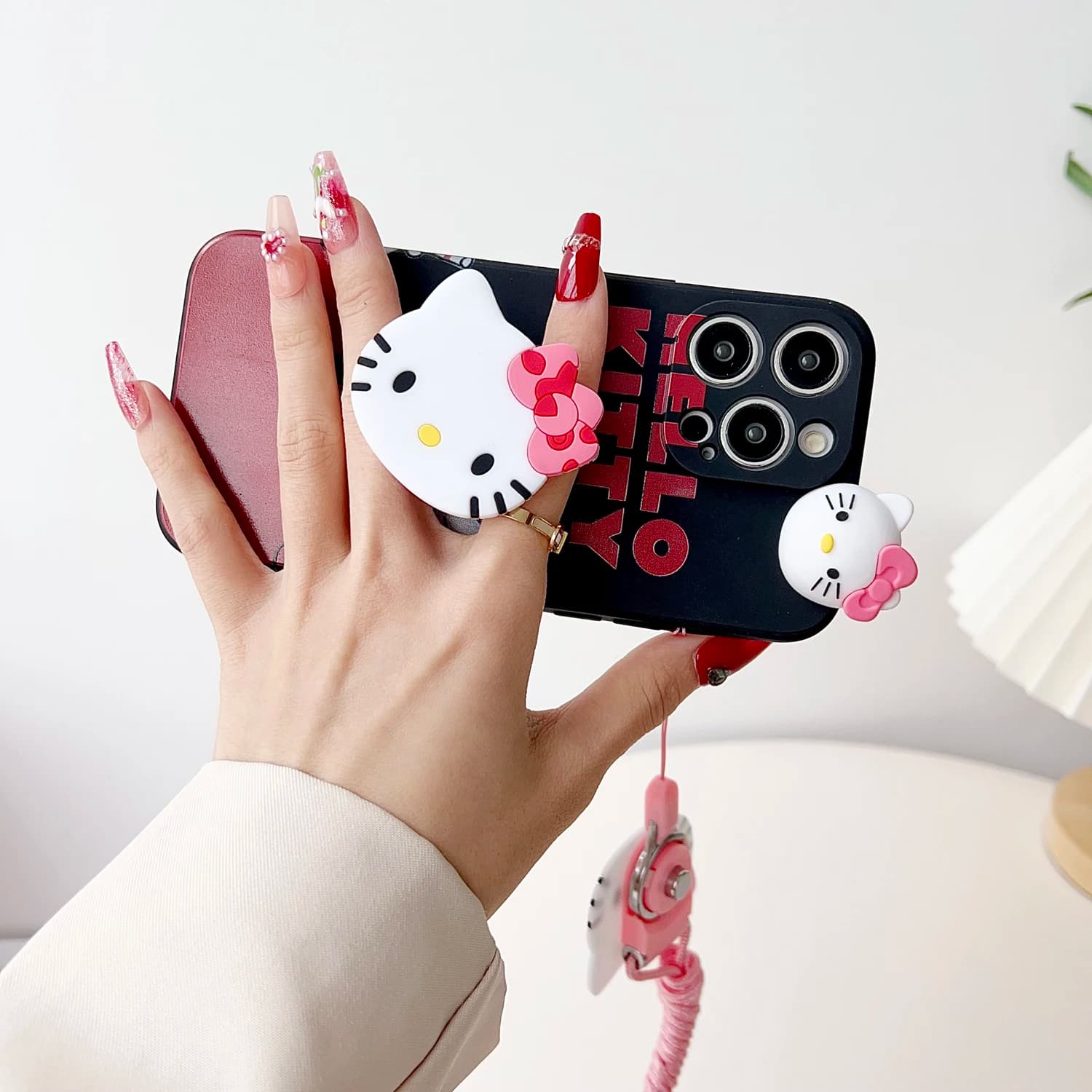 Capa preta para Xiaomi Redmi 8 com suporte Hello Kitty branco e cordão rosa