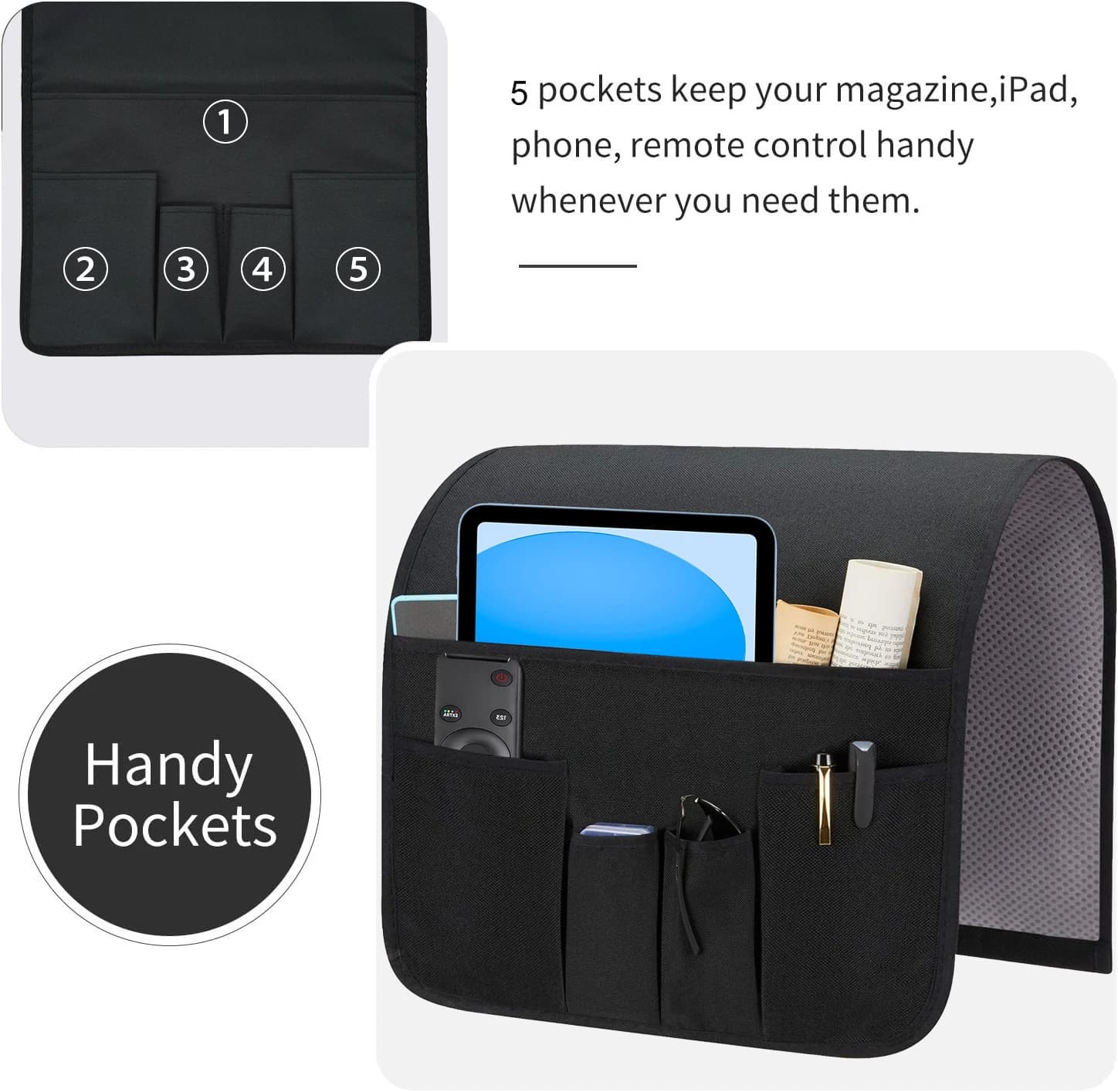 Organizador de sofá preto em tecido com 5 bolsos para controle remoto, tablet e revista