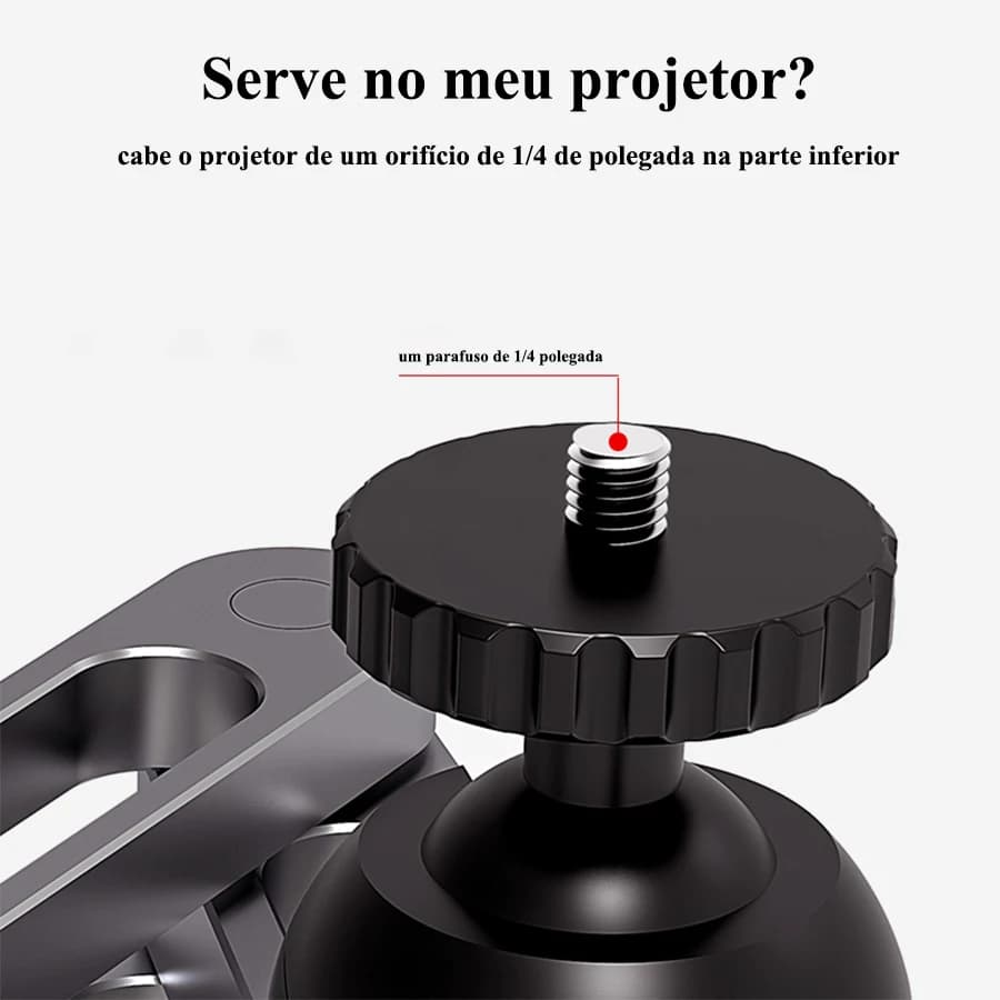 Detalhe do parafuso padrão 1/4 de polegada para fixação do projetor no suporte de parede ajustável