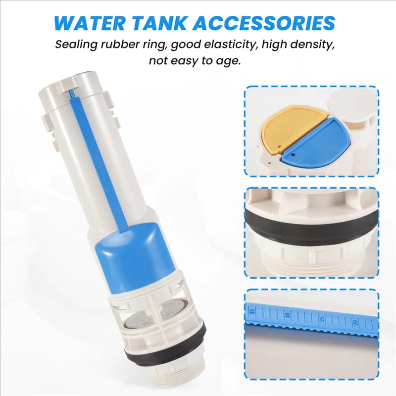 Válvula para tanque de água de vaso sanitário branca com anel de vedação de borracha preta e botões azul e amarelo