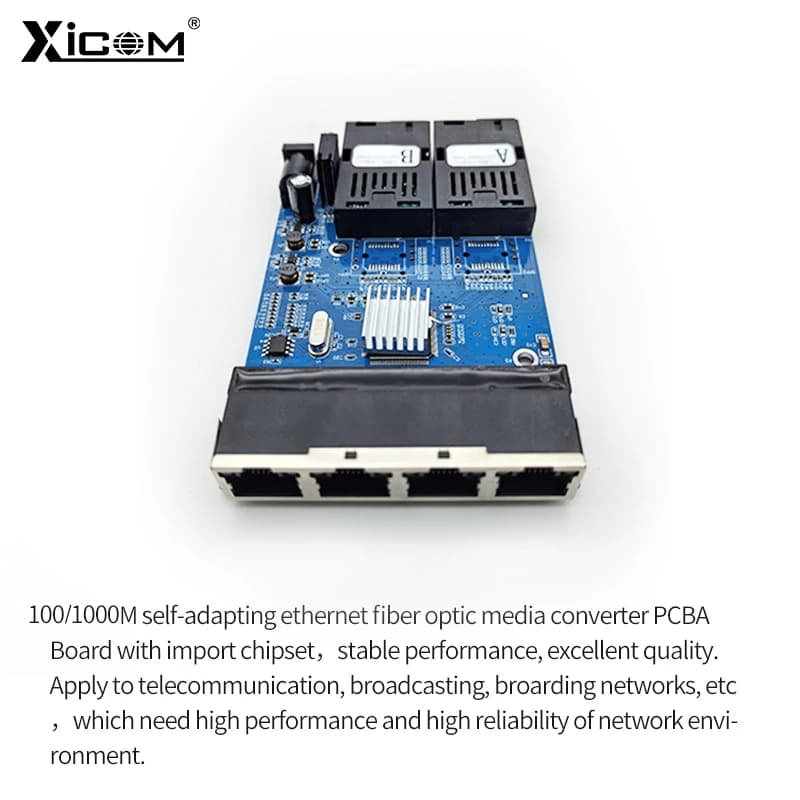 Placa conversora de mídia Ethernet fibra óptica 100/1000M com chipset importado e 4 portas RJ45 Xicom