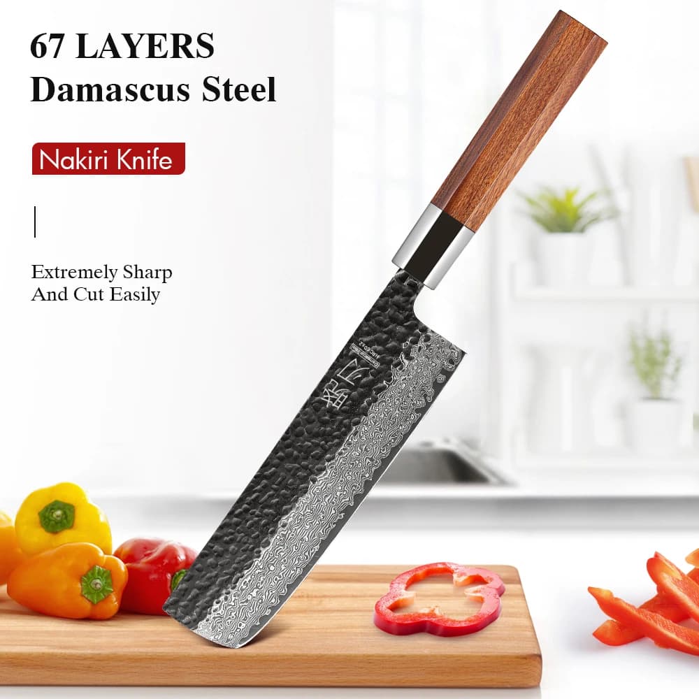 Faca nakiri japonesa de 7 polegadas, aço damasco, cabo de madeira, corte de legumes, fundo branco.