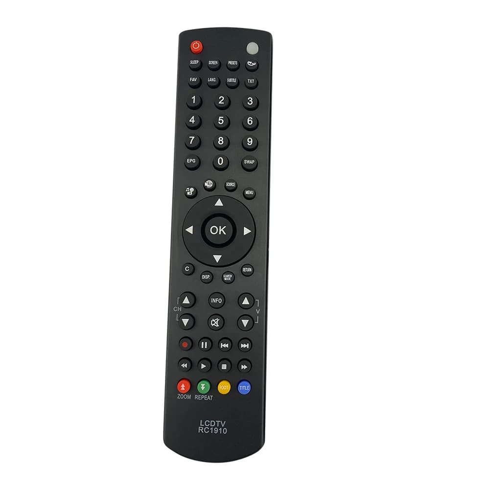 Controle remoto preto para TV Toshiba RC1910 com botões multifuncionais e logo LCDTV RC1910