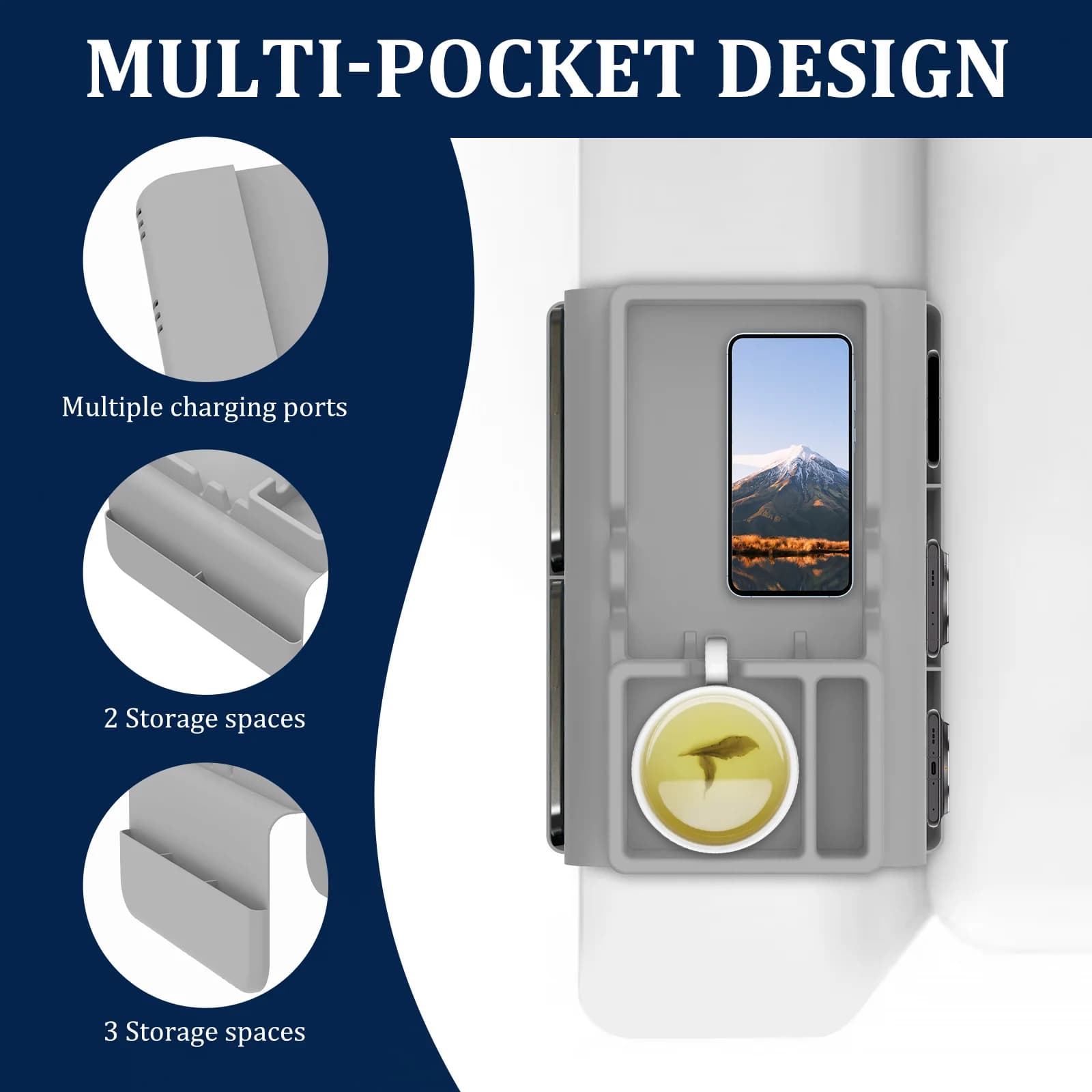 Suporte de copo para sofá cinza com bandeja de silicone, design multi-slot para celular e copo