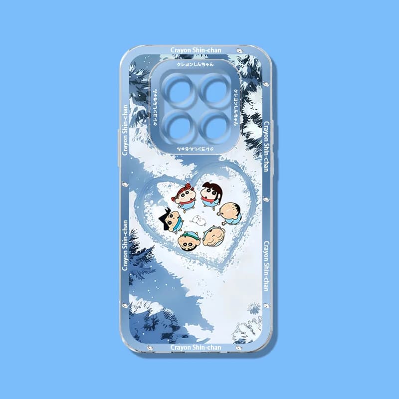 Capa para celular Redmi 15 azul transparente com arte Crayon Shin-chan e personagens em formato de coração na neve