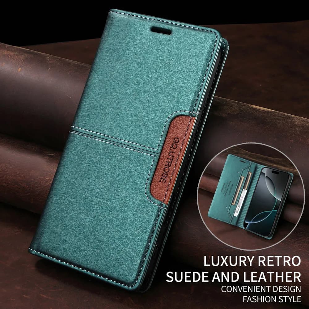 Capa flip de couro verde turquesa para smartphone Xiaomi Poco C85 com compartimento para cartão RFID