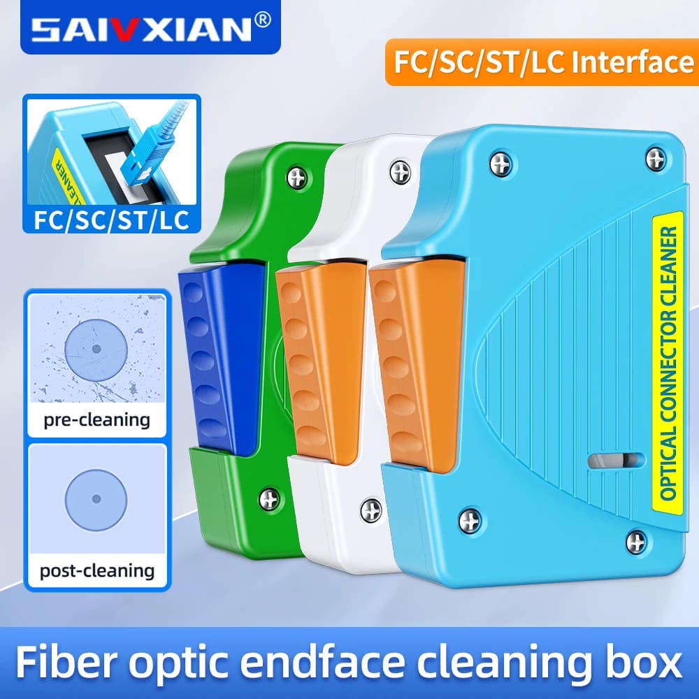 Savxian caixa de limpeza facial de extremidade de fibra, limpador de rabo de porco, cassete, ferramenta de limpeza de fibra óptica ftth, ferramentas de limpeza para sc/st/fc