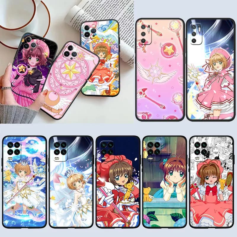 Capas de celular com estampas de anime, personagens variadas, cores predominantes rosa e branco