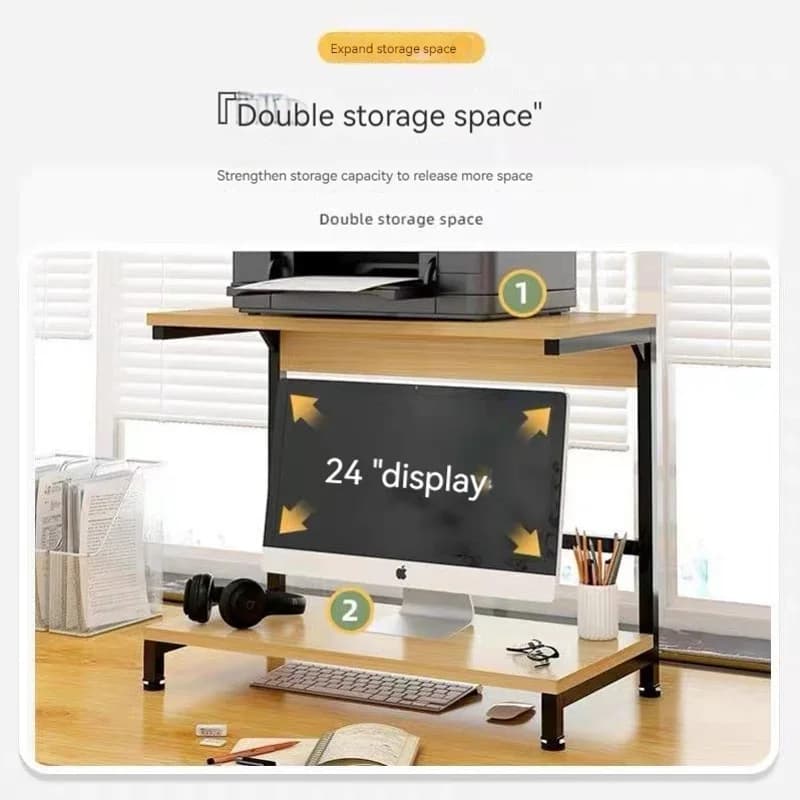 Suporte de estante linha office com prateleira dupla em madeira clara e estrutura preta para monitor 24 polegadas e impressora
