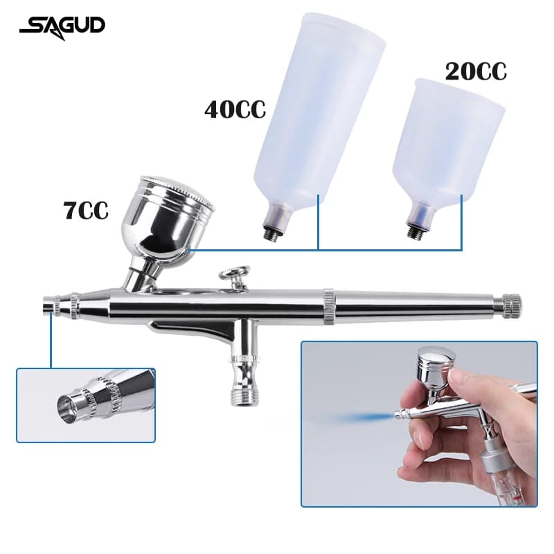 Aerógrafo SAGUD prata com bico 0,3 mm e copos de tinta de 7cc, 20cc e 40cc para pintura detalhada