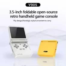Console portátil Powkiddy V90S retrô dobrável com tela flip 3,5 polegadas na cor branca e amarelo