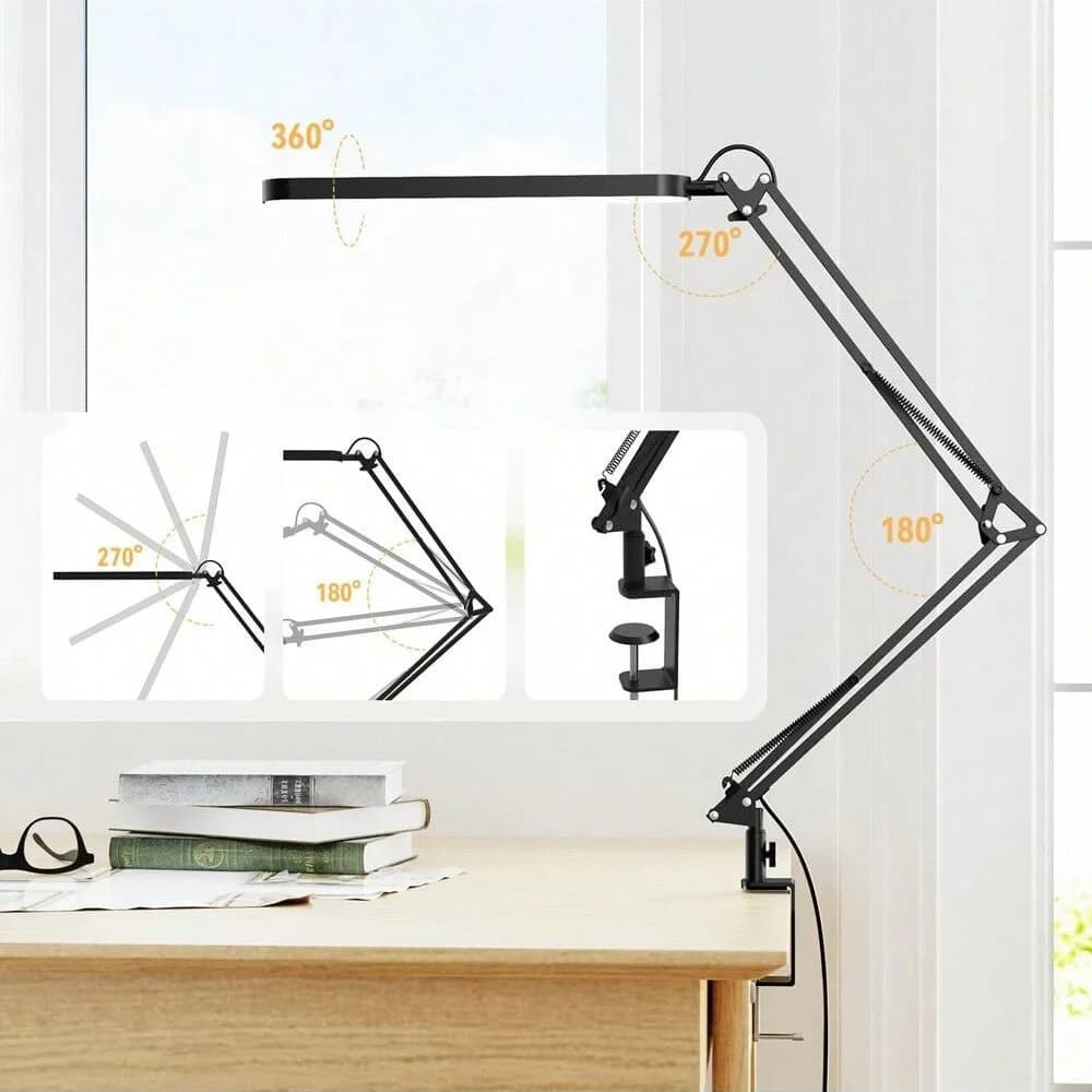 Luminária de mesa LED preta com ajuste de ângulo 360°, 270° e 180° e grampo para fixação em mesa