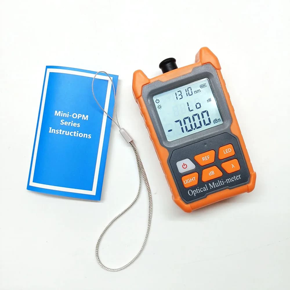 Medidor de potência óptica portátil laranja com manual azul e cordão prateado