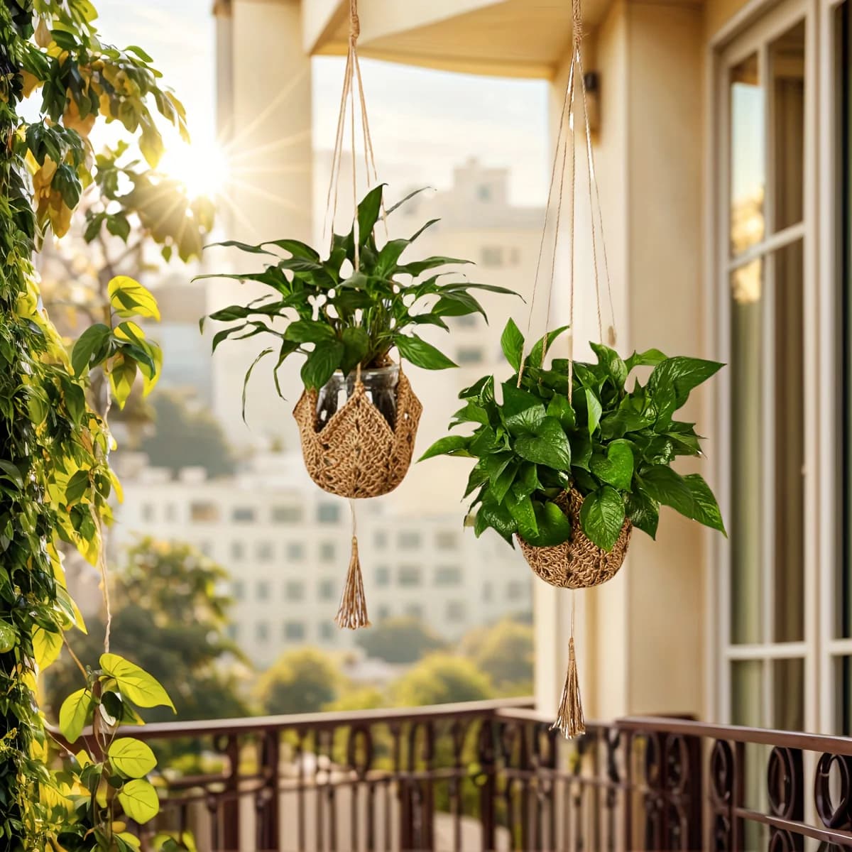 Suporte de plantas suspenso boho macramê de juta marrom com vasos verdes pendurados em varanda externa