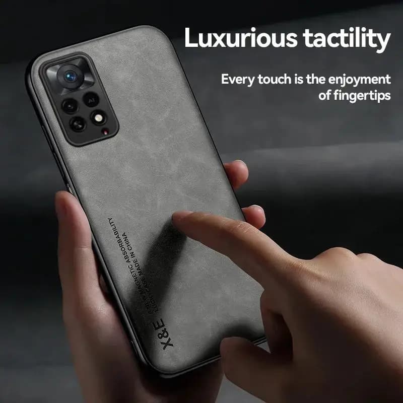 Capa cinza para Xiaomi Poco com acabamento em couro sintético e toque luxuoso antiderrapante