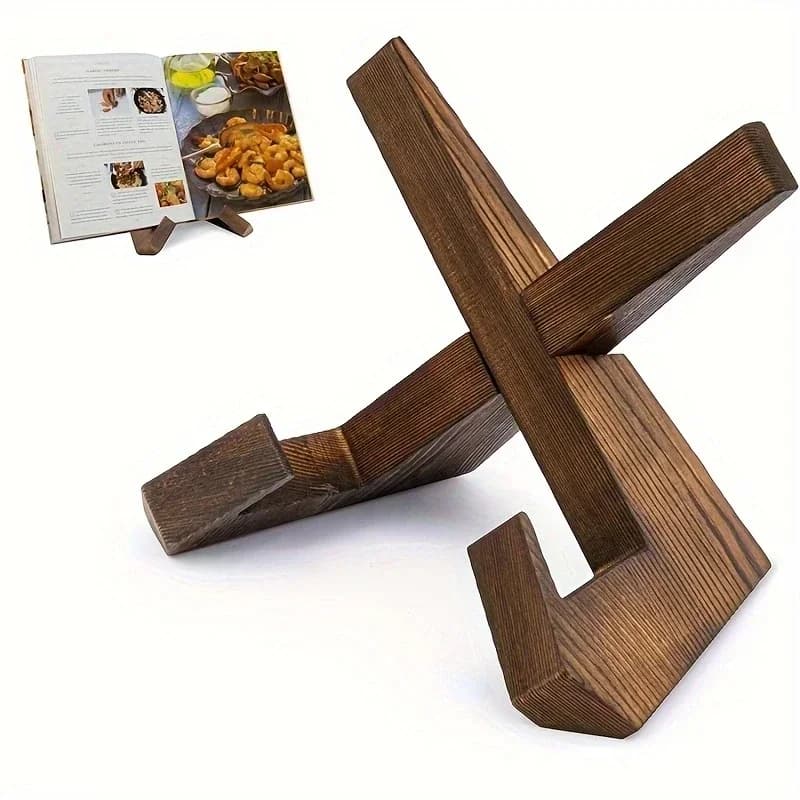 Suporte de madeira para livros de receitas com design em X, ângulo frontal, fundo branco