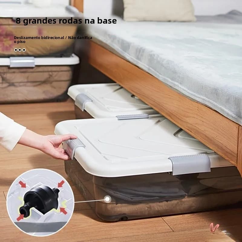 Caixa organizadora ultrafina transparente com tampa branca e 8 rodas para deslizamento sob a cama