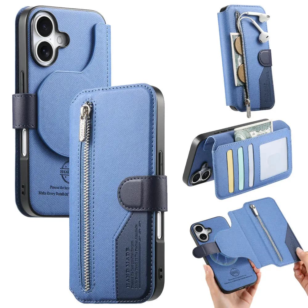 Capa de couro azul claro para Xiaomi Redmi Note 14 Pro 5G com zíper destacável, compartimentos para cartões e dinheiro, e suporte para fones de ouvido
