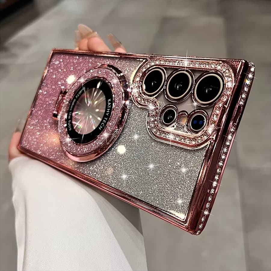Capa glitter rosa e prata com suporte anel e bordas com diamantes para Samsung Galaxy S24 Ultra
