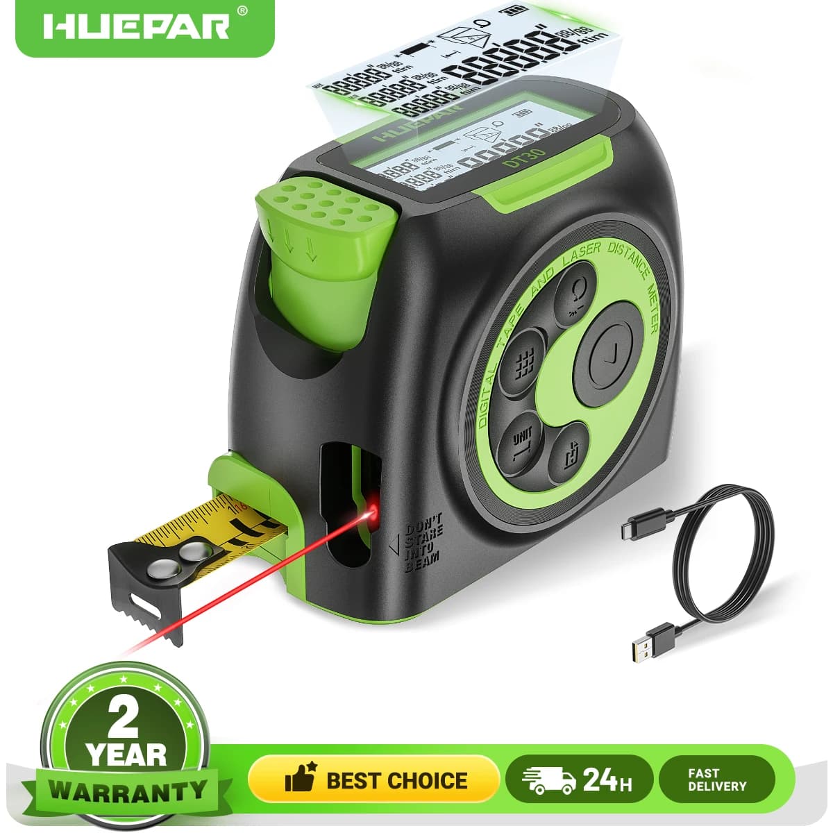 Medidor de distância digital Huepar, 60m, 197ft, fita métrica com display LCD e laser vermelho.