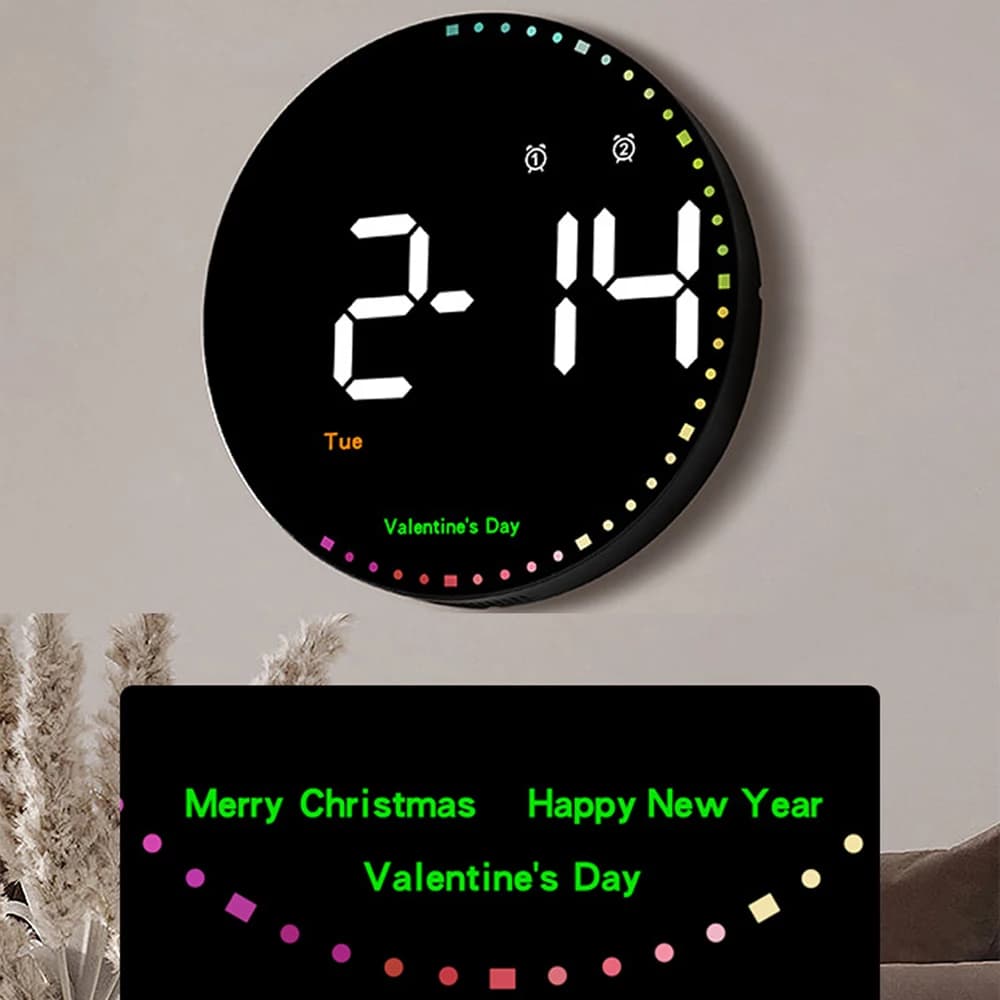 Relógio calendário de parede led colorido com controle remoto de 10 polegadas para decoração de casa com display de temperatura e alarmes duplos