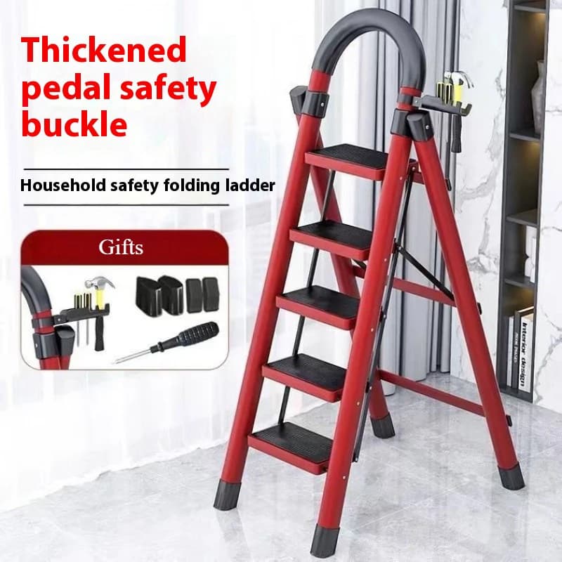 Escada dobrável em ziguezague vermelha com três degraus, segura e ajustável, ferramenta de escalada para casa e jardim.