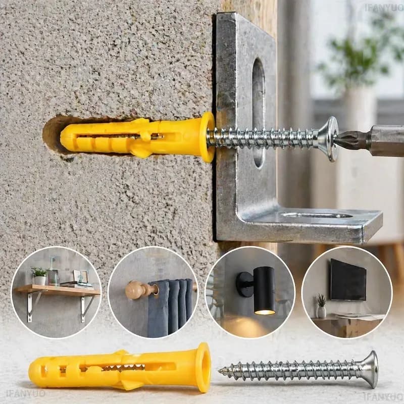 Parafuso de ancoragem nylon amarelo M6 fixado em parede de concreto com suporte metálico
