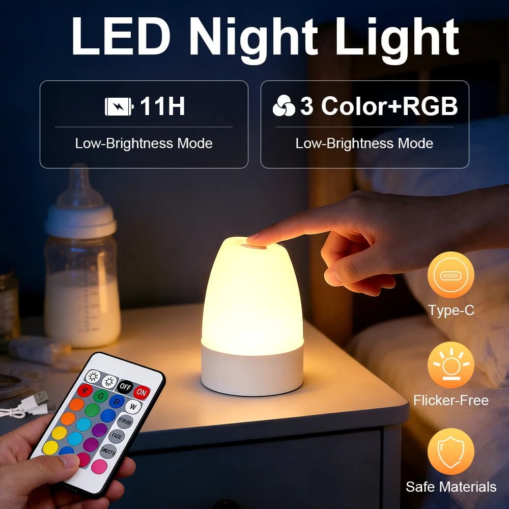 Luminária de Mesa LED Sensível ao Toque para Quarto, 2W, Regulável, Recarregável, Presente para Crianças, Controle Remoto, 3 Cores