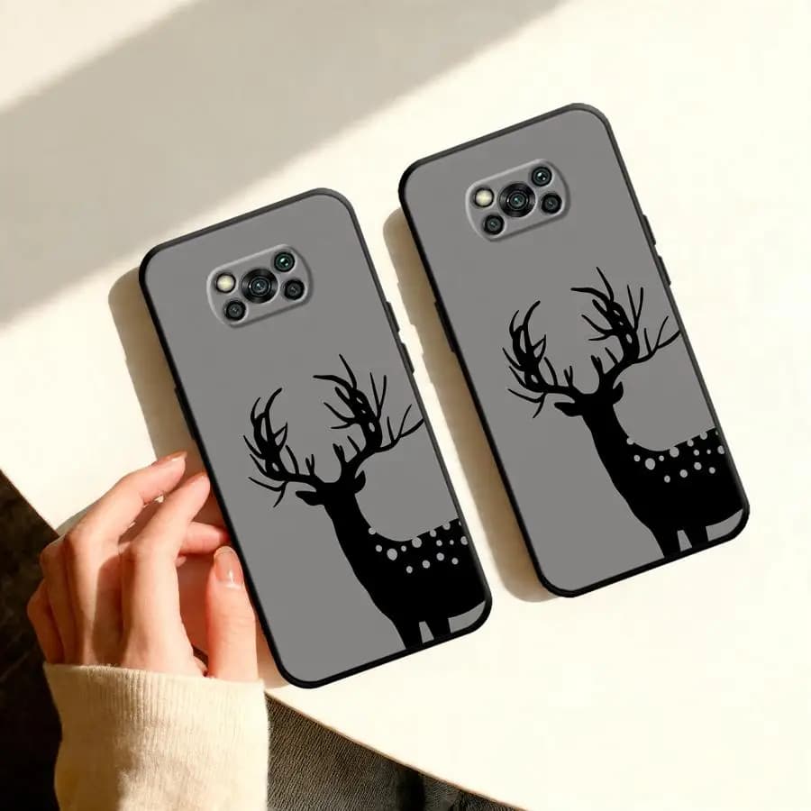 Capas cinza para Xiaomi Poco X8 Pro Max com estampa de cervo preto e detalhes em preto lado a lado
