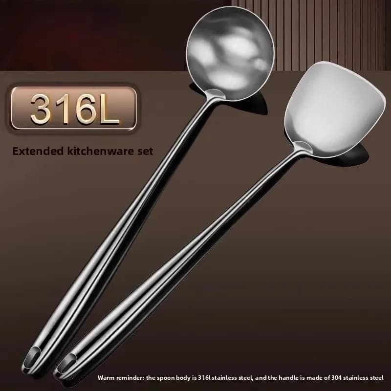 Colher e espátula de cozinha inox 316L com cabo longo e acabamento polido para uso profissional