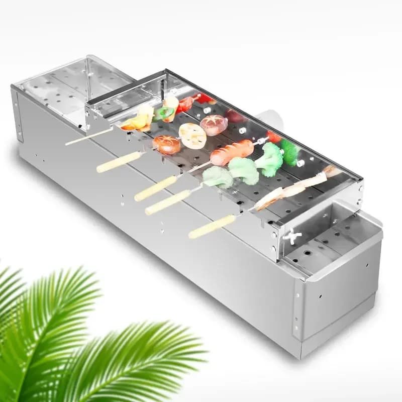 Grelha elétrica portátil em aço inoxidável para churrasco com espetos e alimentos variados