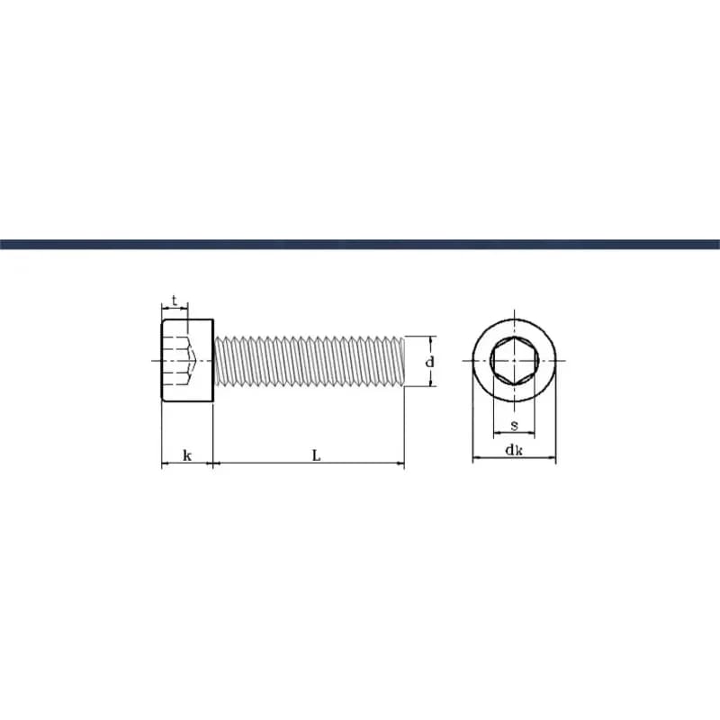 Diagrama técnico parafuso Allen M3 aço inoxidável com medidas de cabeça e comprimento