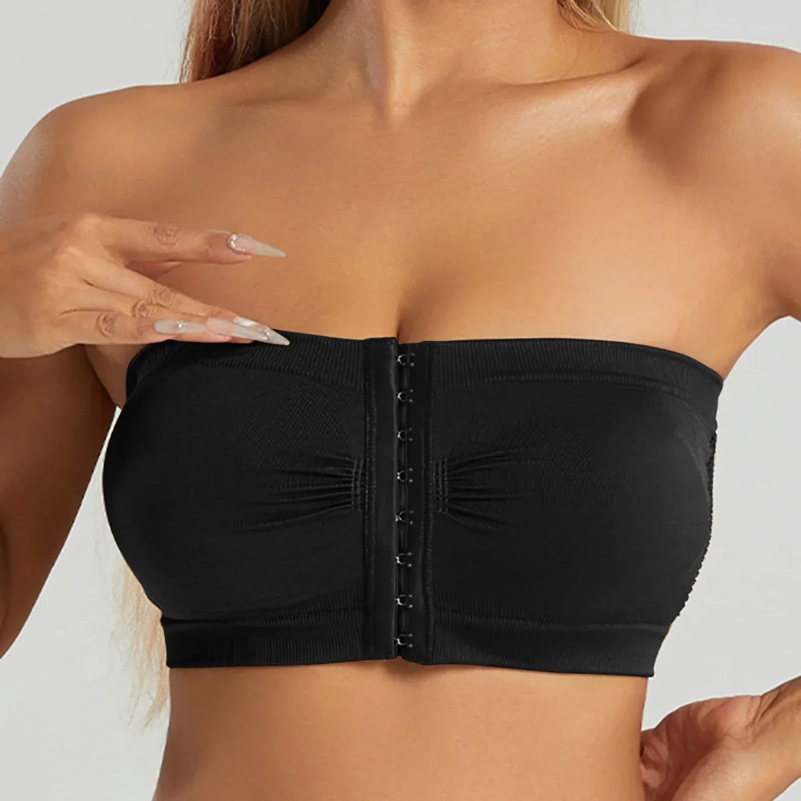 Sutiã sem alças preto sem costura para mulheres, sem arame, com zíper frontal.