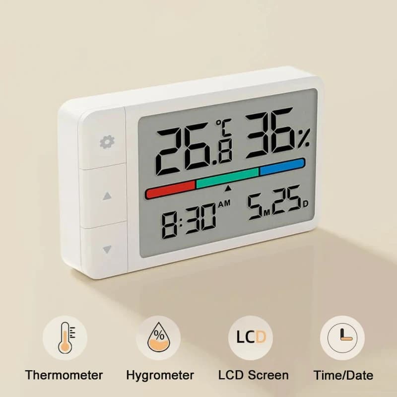 Termômetro e higrômetro inteligente com display digital, mostrando temperatura e umidade.