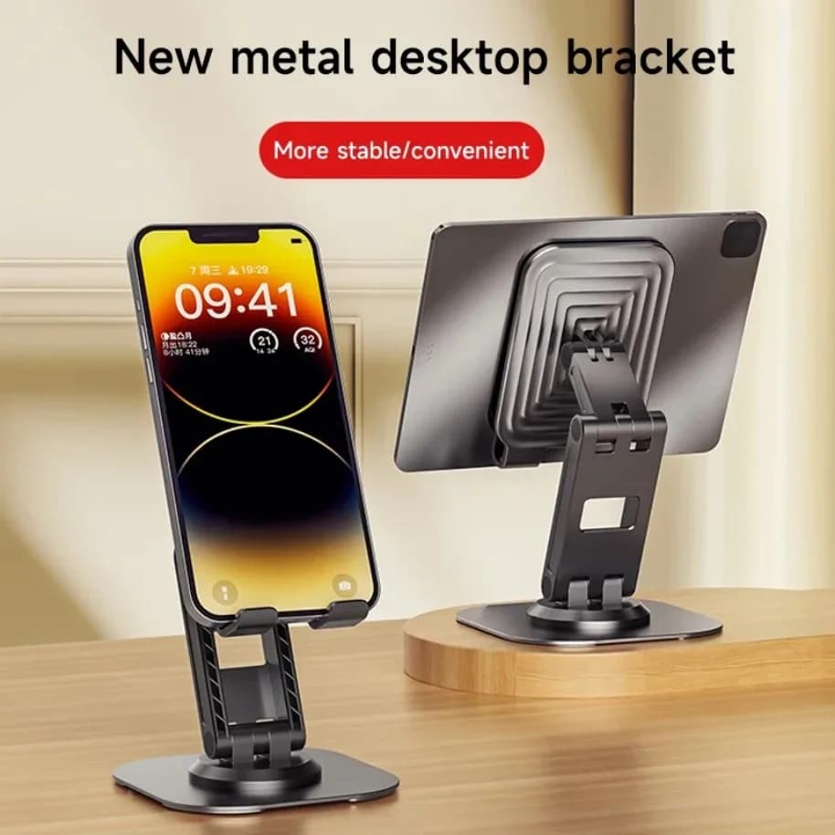 Suporte dobrável de mesa para celular e tablet em metal, ajustável e dobrável, com base metálica preta