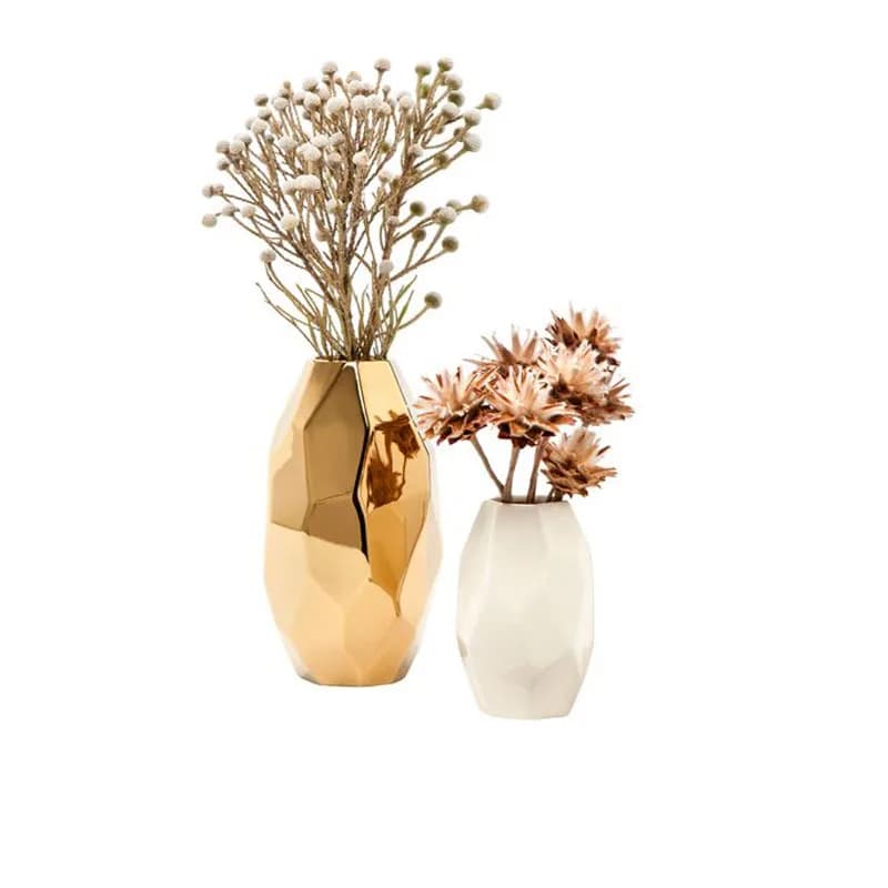 Conjunto de 2 vasos decorativos Jácotei luxo minimalista dourado e branco com flores secas