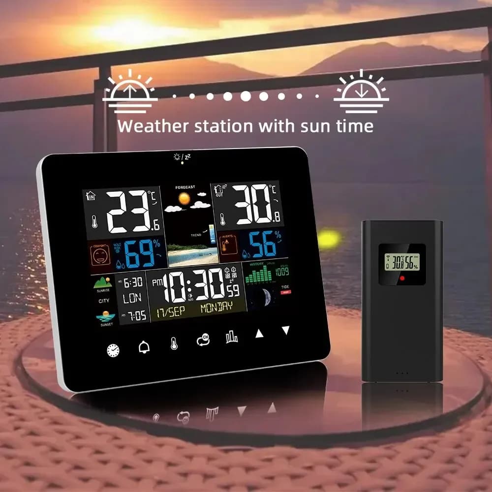 Estação meteorológica multifuncional com tela sensível ao toque, previsão do tempo, temperatura e umidade.