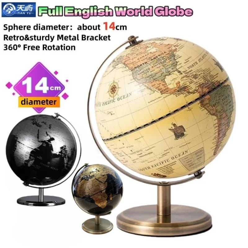 Globo terrestre em inglês com suporte metálico 14cm de diâmetro