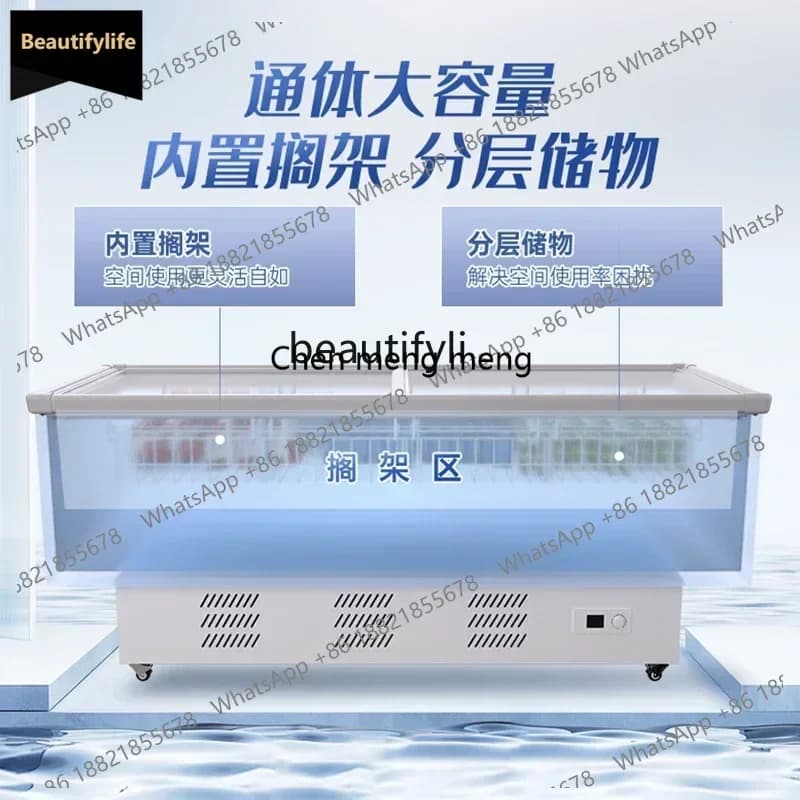 Congelador comercial de grande capacidade A601, refrigerador com vitrine de refrigeração, conservação de alimentos frescos, ilha horizontal de vidro para congelados.
